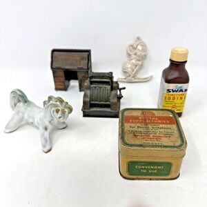 Junk Drawer Lot VTG Tin Bottle Miniature Metal Desk Cash Register Ceramic Horse